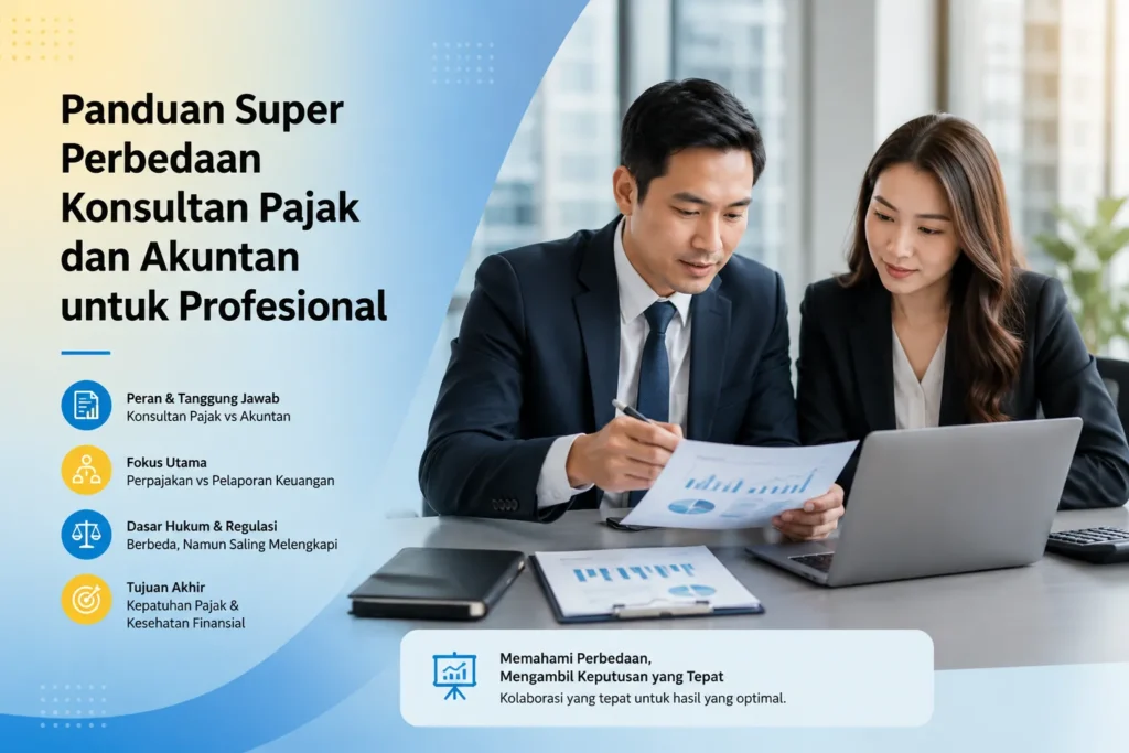 Dua profesional bisnis sedang berdiskusi menganalisis laporan keuangan untuk memahami perbedaan konsultan pajak dan akuntan